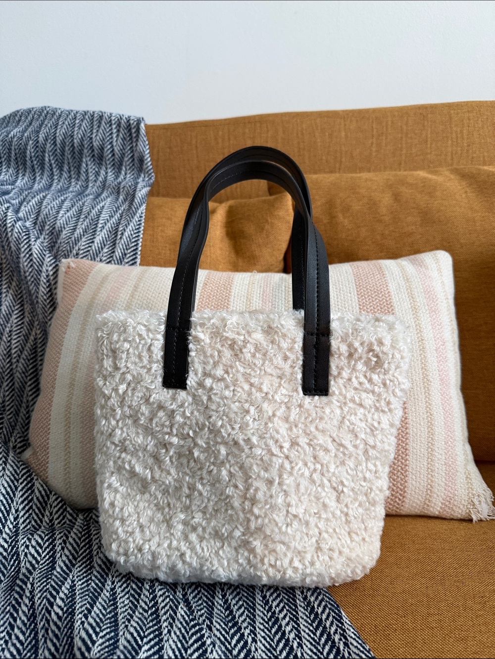 Cream Sherpa Tote Bag with Black Handles